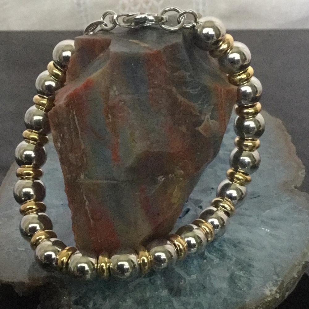 7 1/2”SterlingSilver Beads(7mm) W/24K YelowGld/925 - Picture 4 of 8